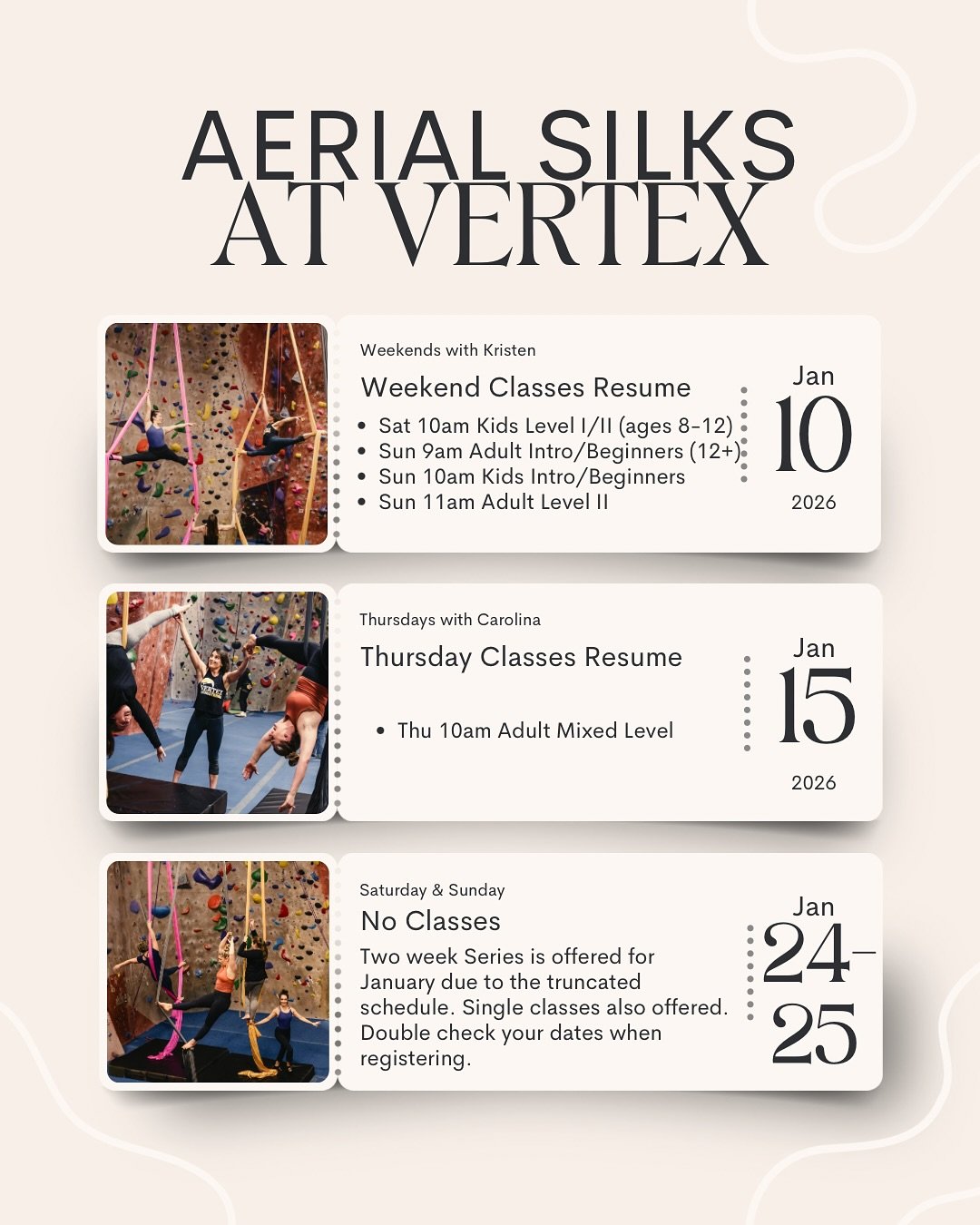 Hello 2️⃣0️⃣2️⃣6️⃣ 

✨The class schedule has been updated for January &amp; February !
Double check the dates when you register; there are no classes January 24 or 25.

✨ Reminders about scheduling classes:
Registration closes 2 hours prior to class;