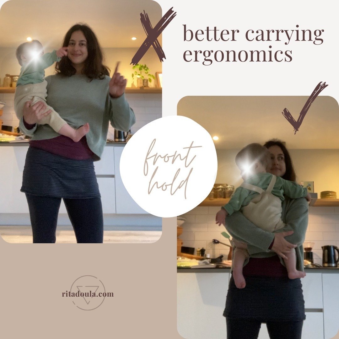 Repetitive holding + carrying can be tough on caregivers. Here are a few tips to minimize strain.

✔ Front hold - carrying your child with both hands on the front of your body with their legs wrapped around your waist can minimize strain of your back