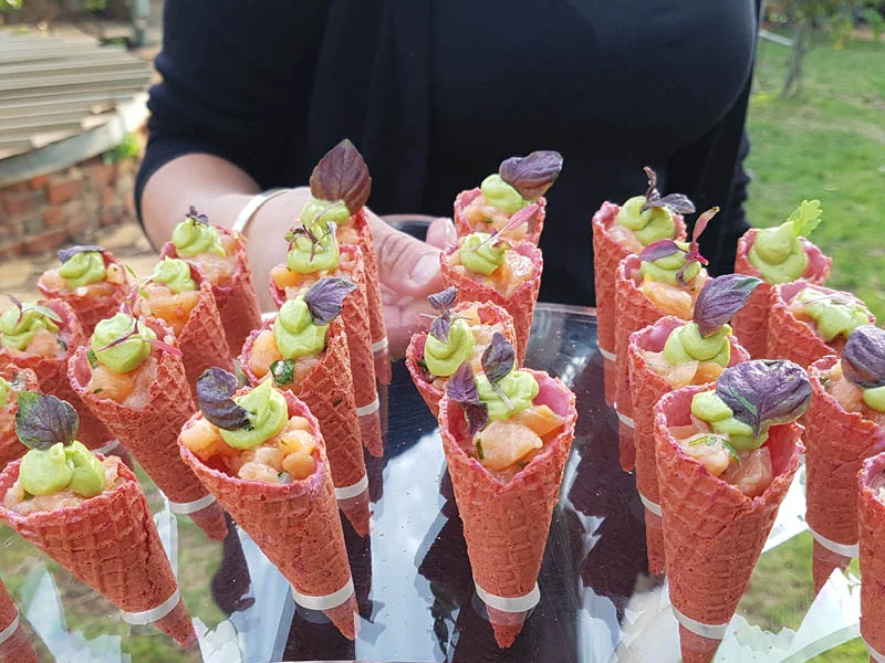 Prawn cup canapes by Samphire Catering