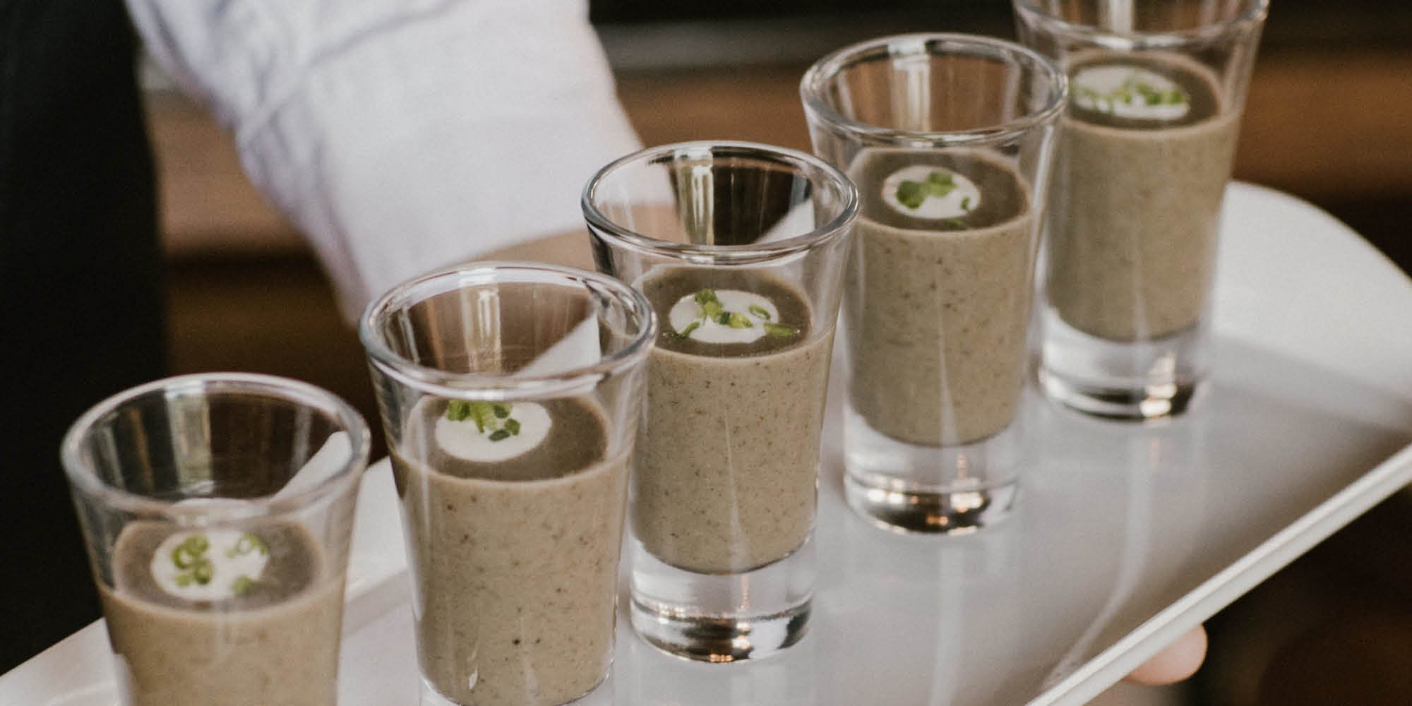 Samphire Catering mushroom soup canapes served in shot glasses