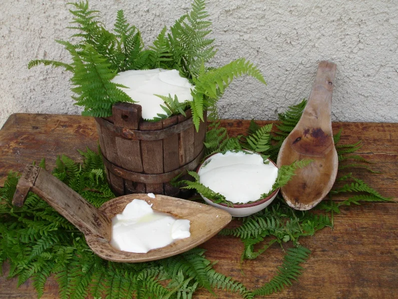 Felciata in the traditional presentation in either ceramic bowls or mulberry buckets with the felci (ferns). The large spoons, called the cocchiera, are what they used to scoop the curd once it set. 