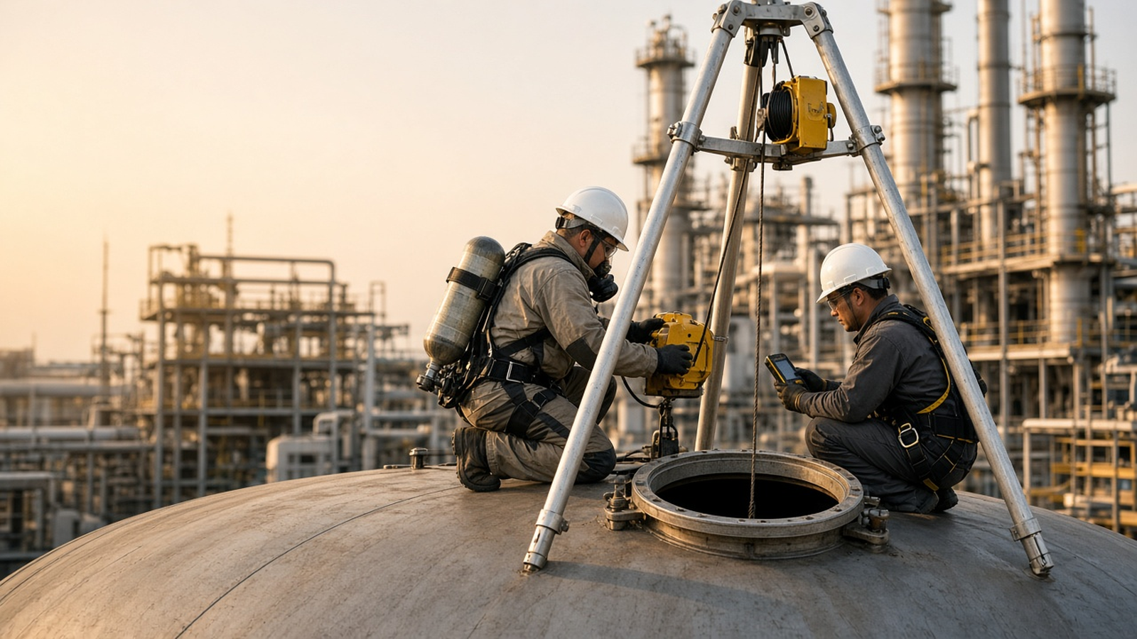 Rescue technicians with a tripod and retrieval winch at a vessel manway during a refinery turnaround
