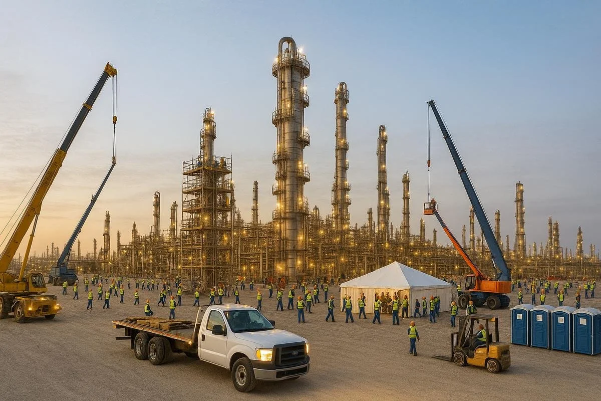 Safety Services Management logistics support at a refinery turnaround: work crews, cranes, support vehicles, and on-site facilities.