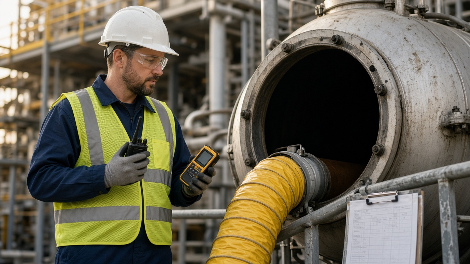 Confined space attendant with a radio and gas monitor at a vessel manway