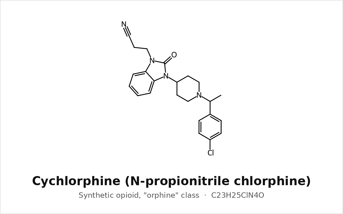 Chemical structure diagram of cychlorphine (N-propionitrile chlorphine), a synthetic opioid.