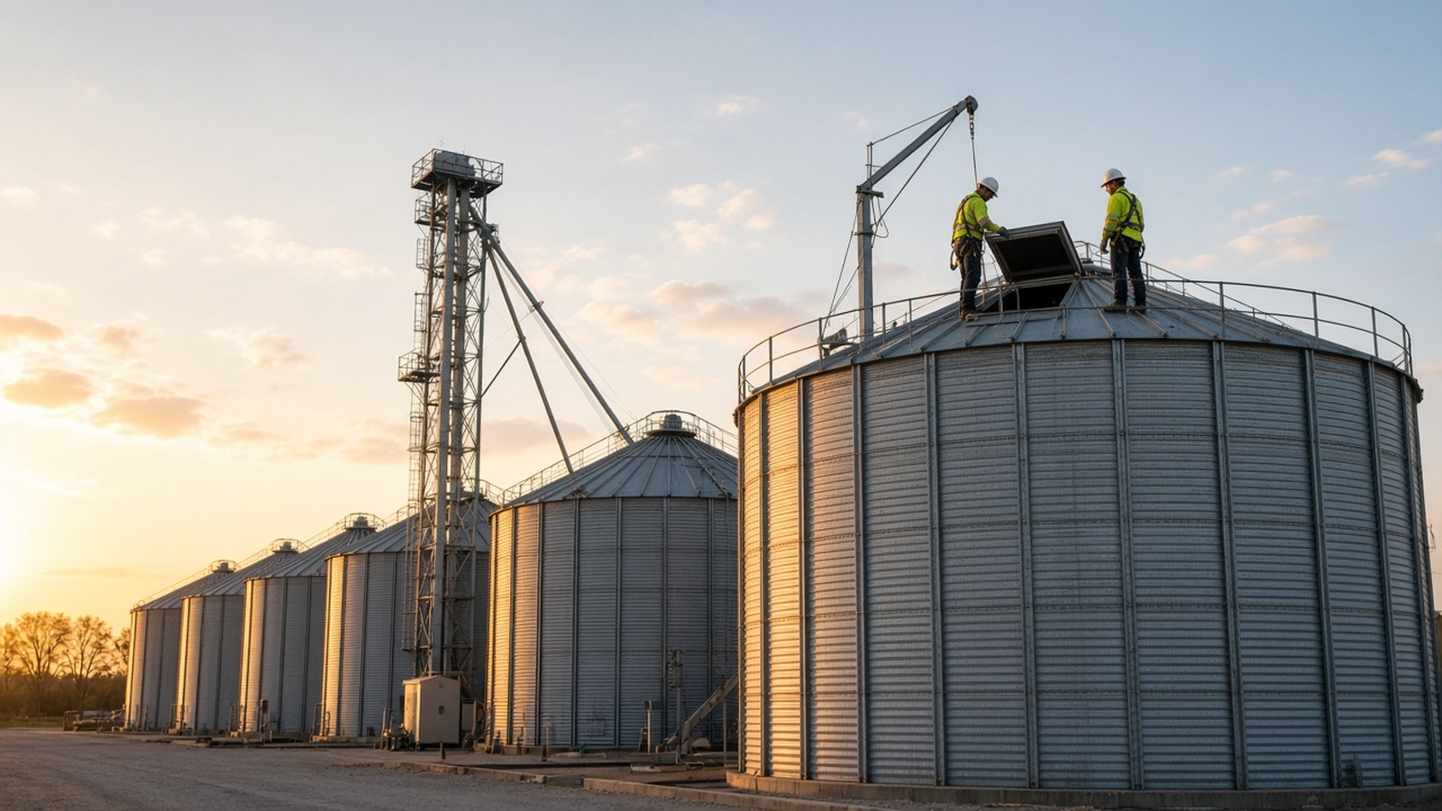 Technicians with a lifeline at a grain bin roof hatch