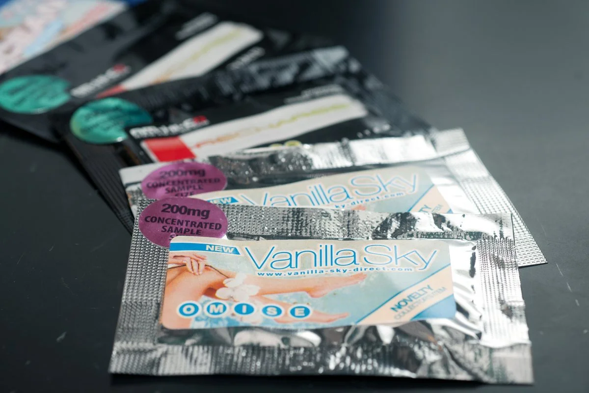 Foil packets of synthetic cathinones sold as bath salts.