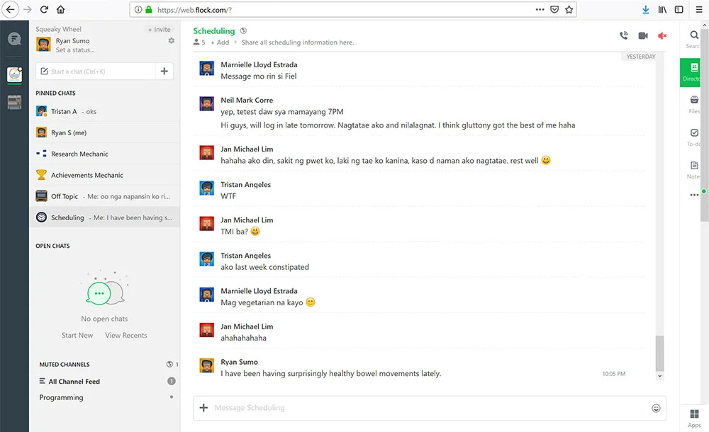 Our Scheduling, aka “Today’s Bowel Movement” channel on Flock.