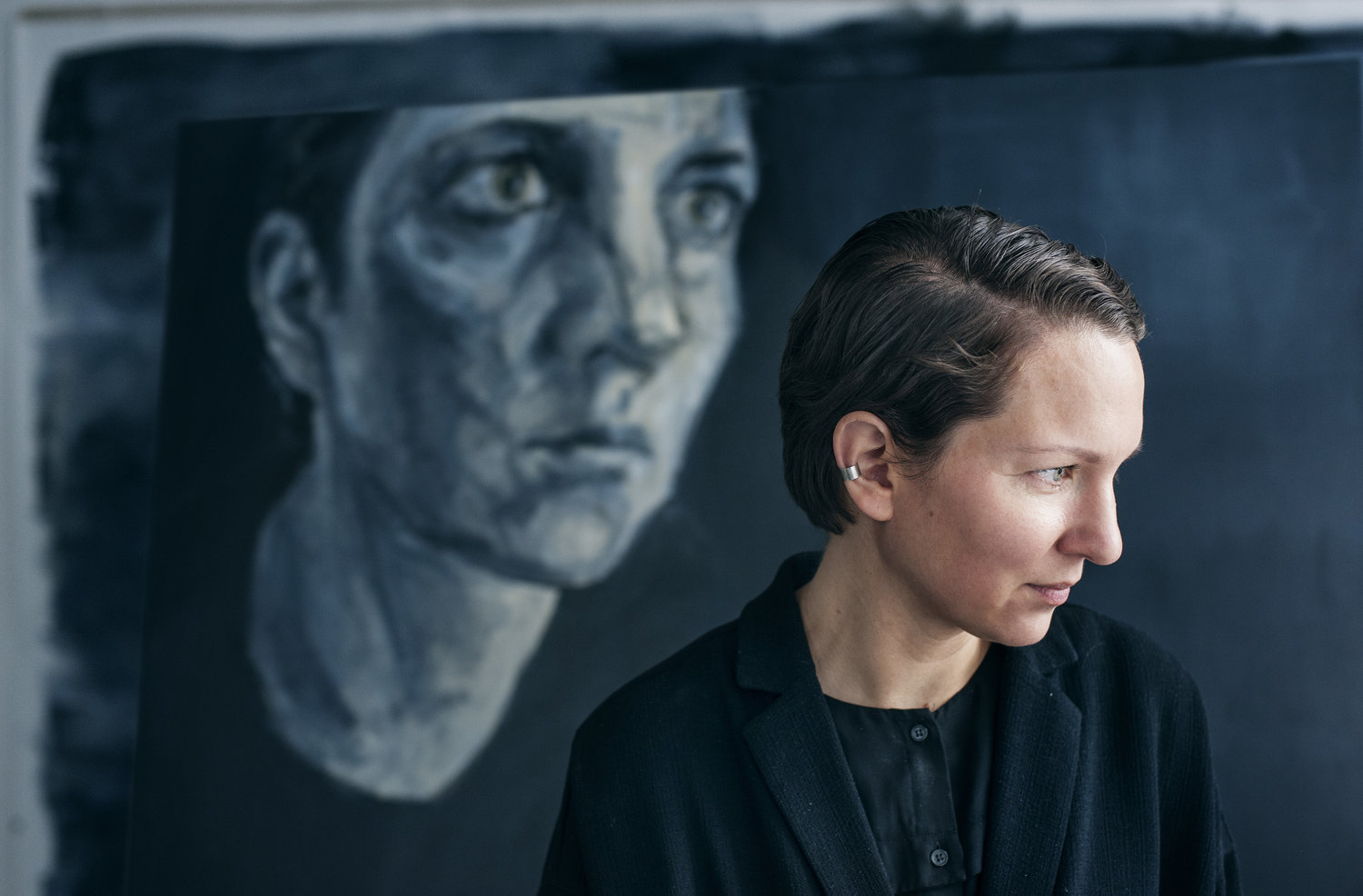 Greenlandic artist Bolatta Silis Høegh with a piece from the series STORM at Cesis Art Festival