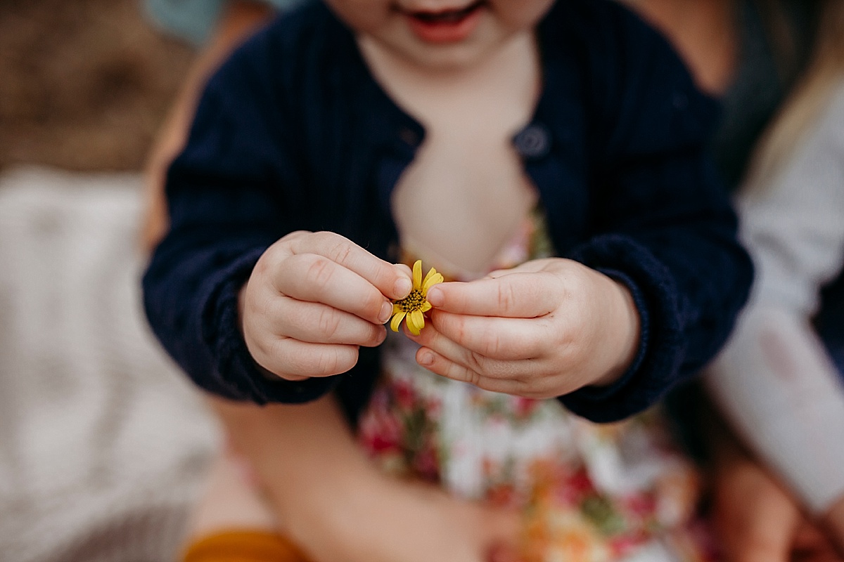 little yellow flower in baby girls fingers