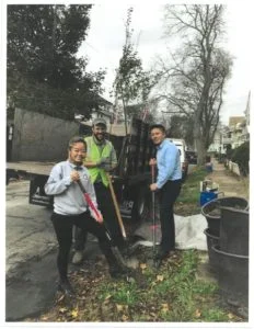 Quincy residents have received free shade trees through the Greening the Gateway Cities Program. Quincy Asian Resources Inc. CEO Philip Chong (right) planted trees with a volunteer and a Department of Conservation and Recreation team member. (Image courtesy of the City of Quincy.)
