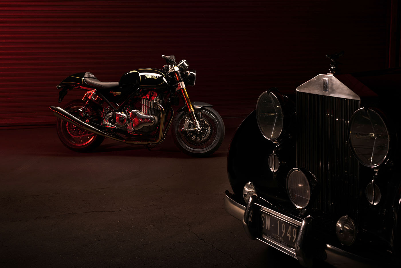 Norton Commando 961 and Rolls Royce Wraith