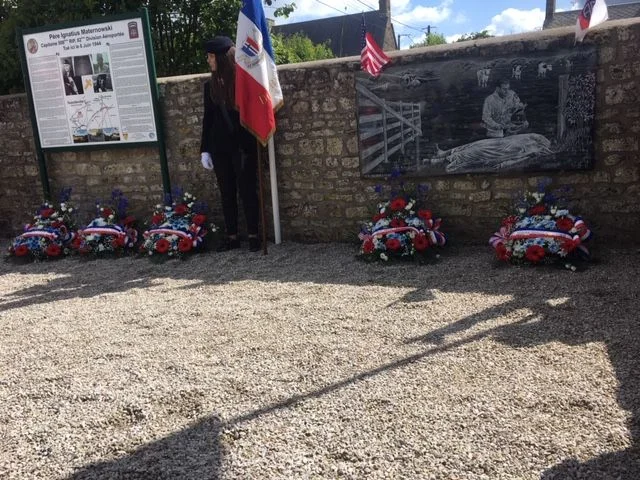 Memorial to Chaplain Maternowski in Guetteville, France after wreath-laying ceremony on June 8.