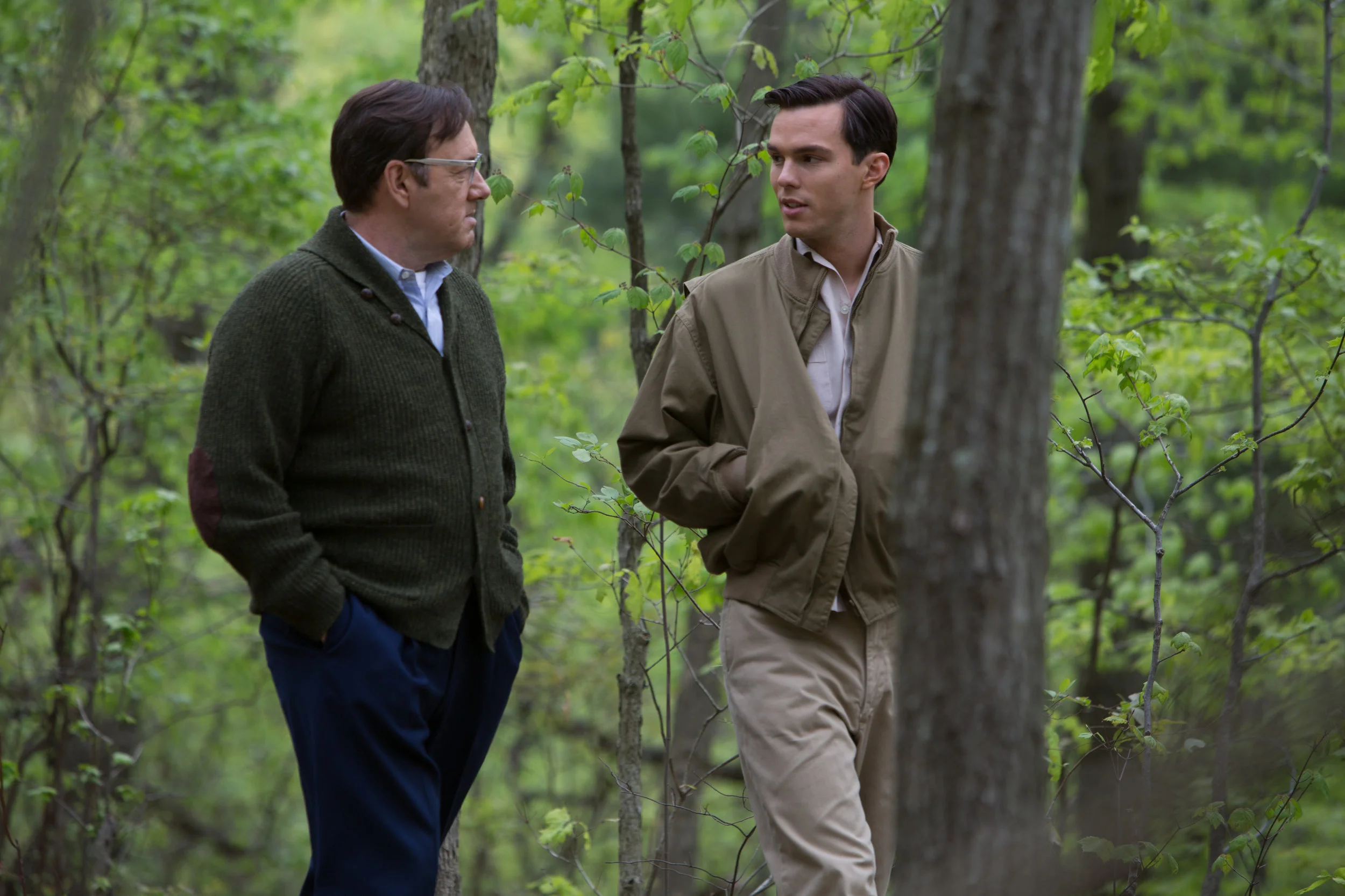 Literary teacher Kevin Spacey counsels an angry, young J.D. Salinger (Nicholas Hoult)