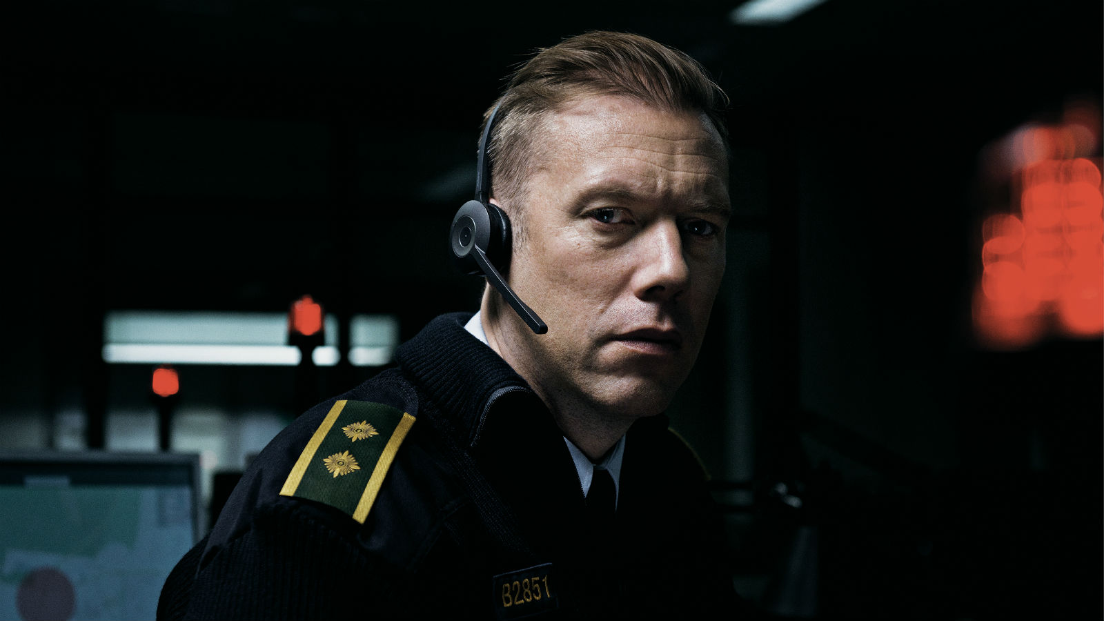 Actor Jakob Cedergren in a scene from The Guilty .