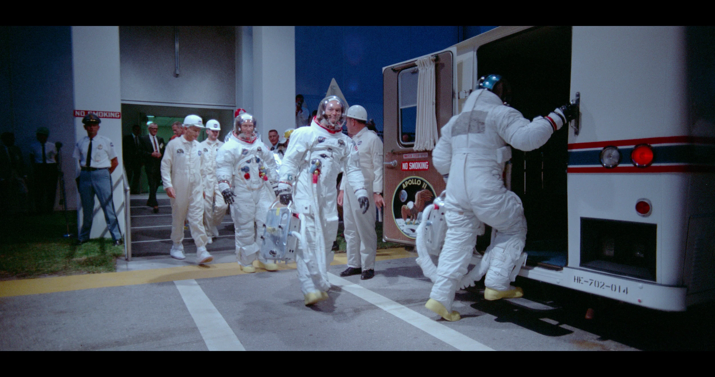 Armstrong, Aldrin and Collins get a lift to their date with destiny in living colour in Apollo 11