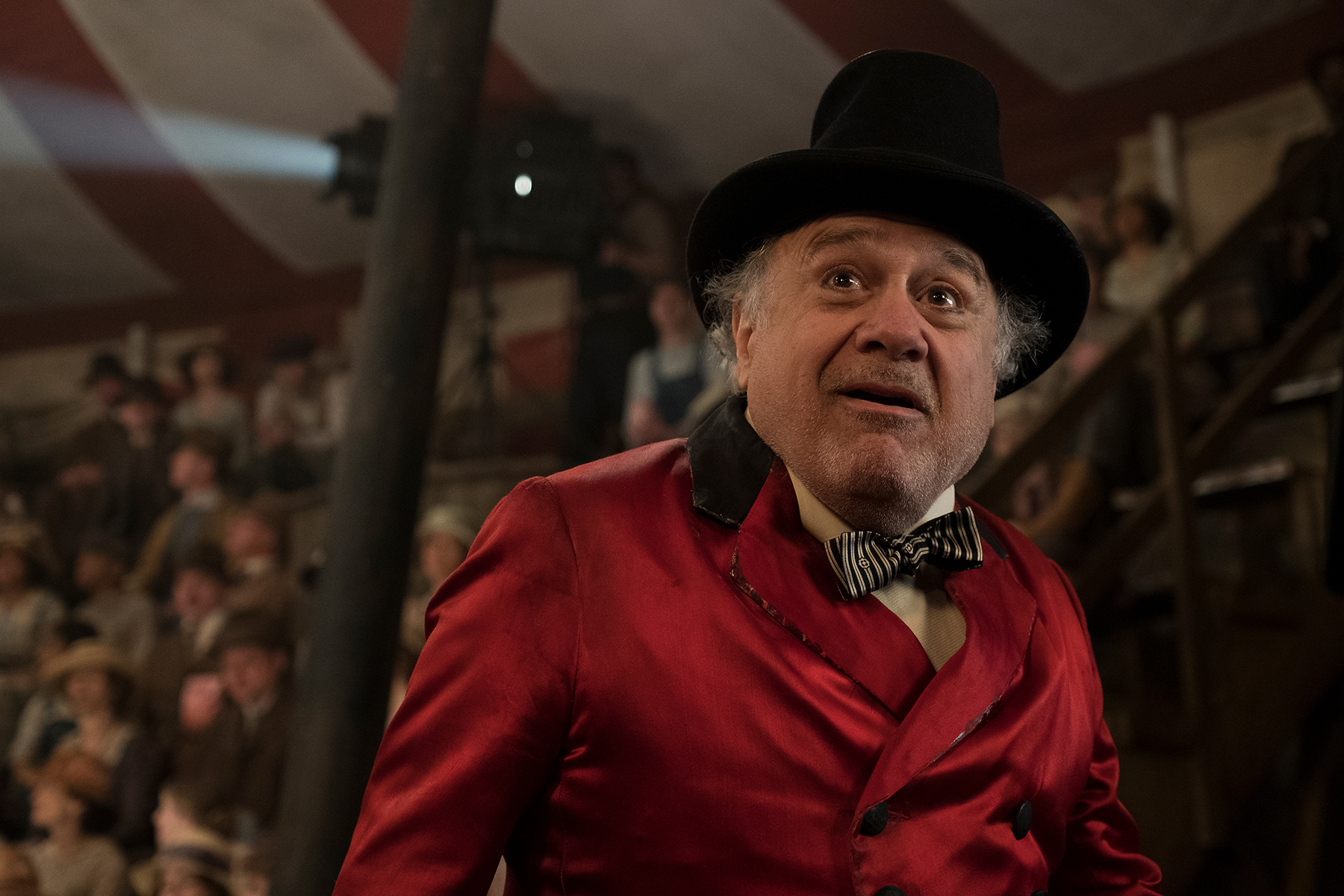 Danny DeVito, as the Ringmaster in Dumbo, can’t believe an elephant can fly.