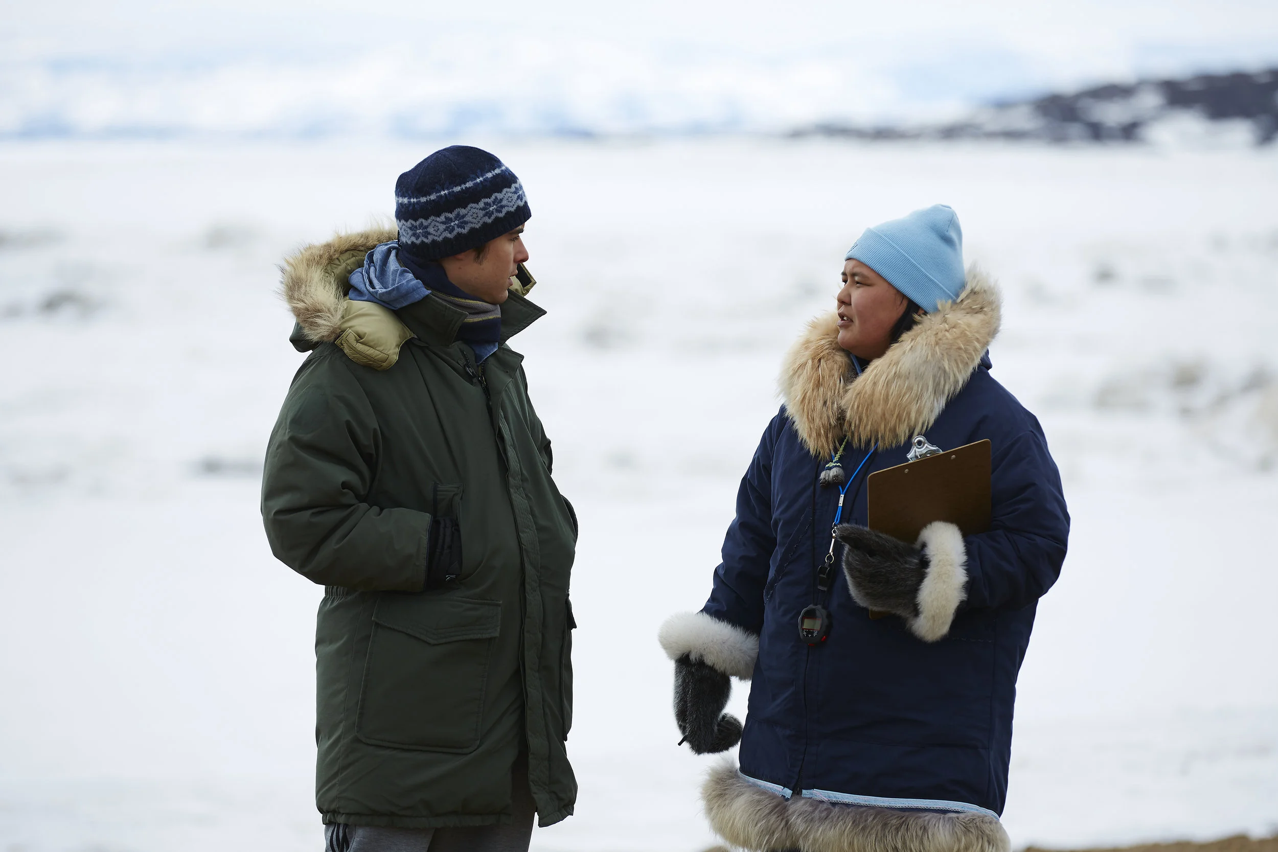 Russ (Ben Schnetzer) gets told what’s what in Nunavut by Miranda (Emerald MacDonald) in The Grizzlies