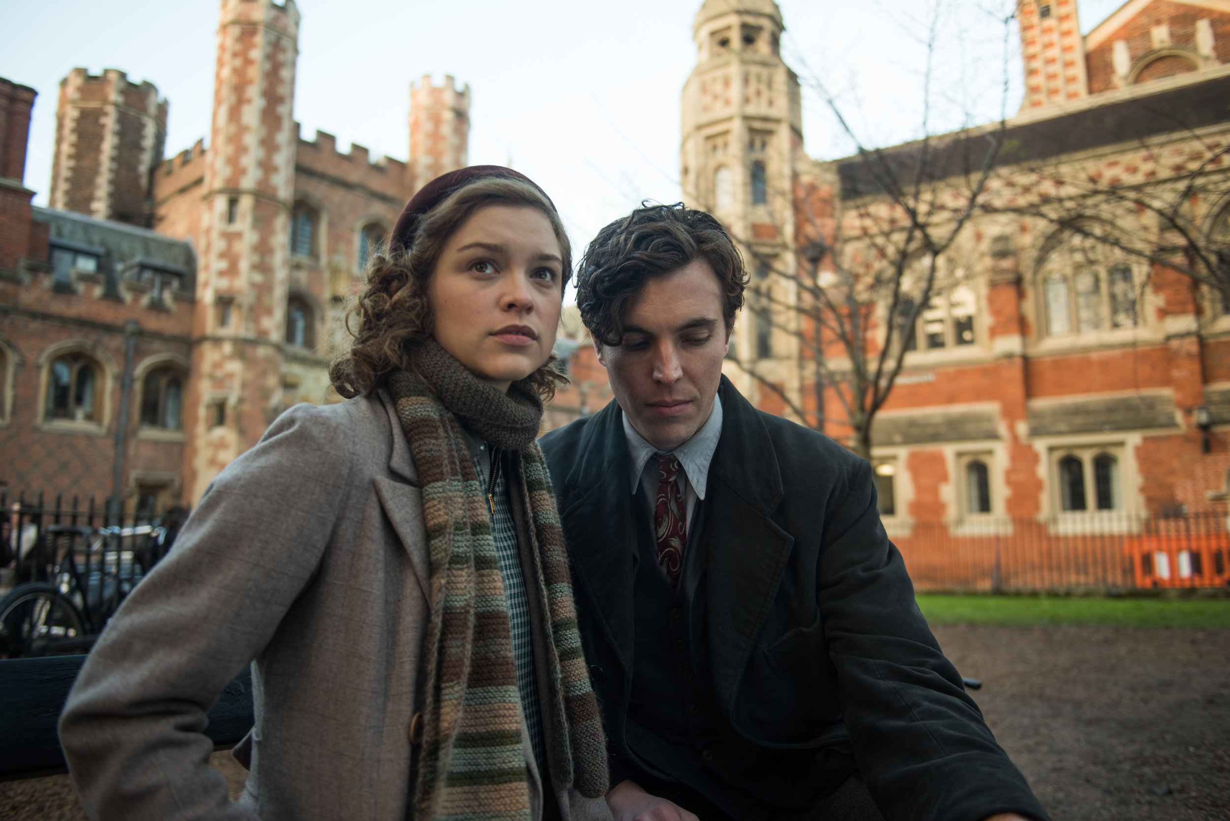 Physicist Sophie Cookson has sweet Stalinist nothings whispered in her ear by Tom Hughes in Red Joan