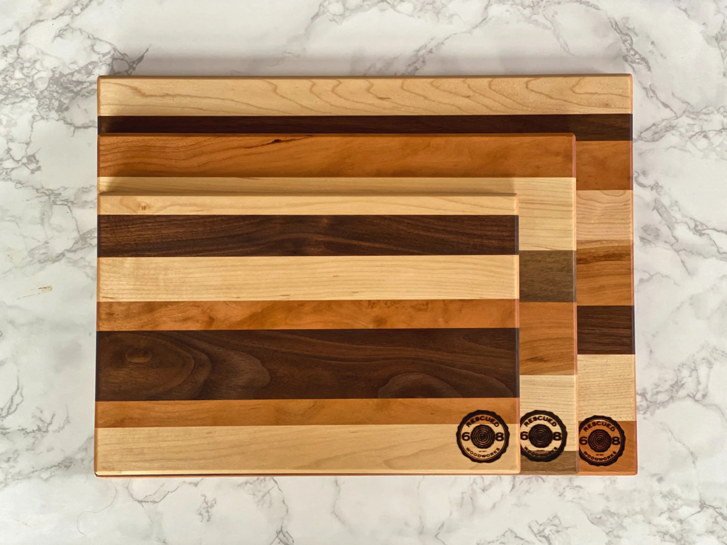 RW608 Striped Cutting Board made w/ locally rescued mixed hardwoods.