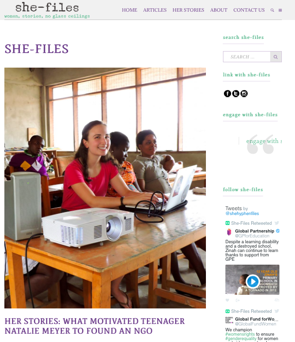 She-Files -Her Stories: What Motivated Teenager Natalie Meyer To Found An NGO.