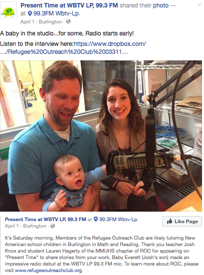 Present Time at WBTV LP, 99.3 FM -Teacher Josh Knox and student Lauren Hagerty of the MMUHS appear on "Present Time" to share stories and experience of being part of a R.O.C inc. chapter.