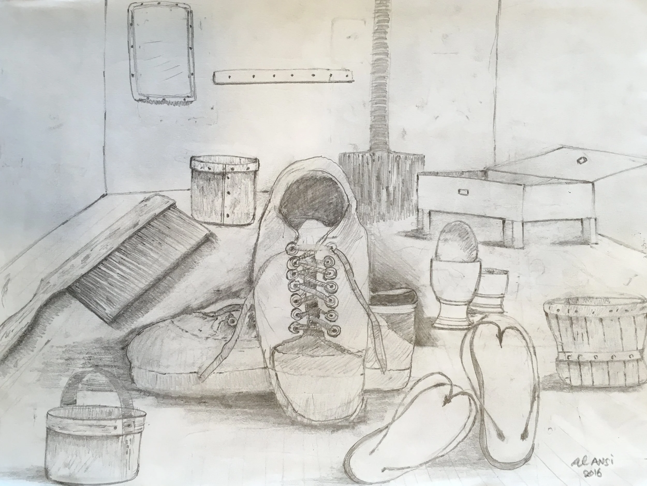 Muhammad Ansi, Still Life of Possessions and Egg Cup, 2016.