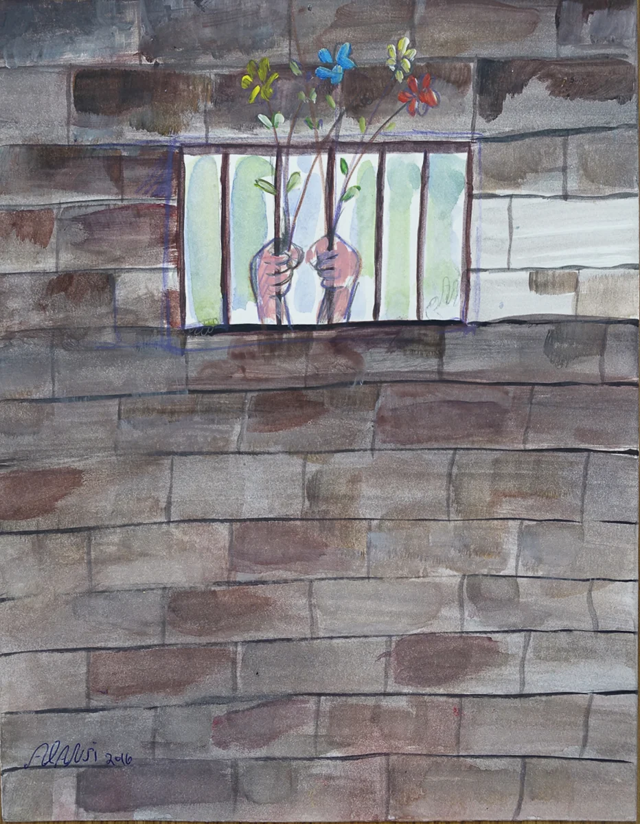 Untitled (Hands Holding Flowers through Bars)