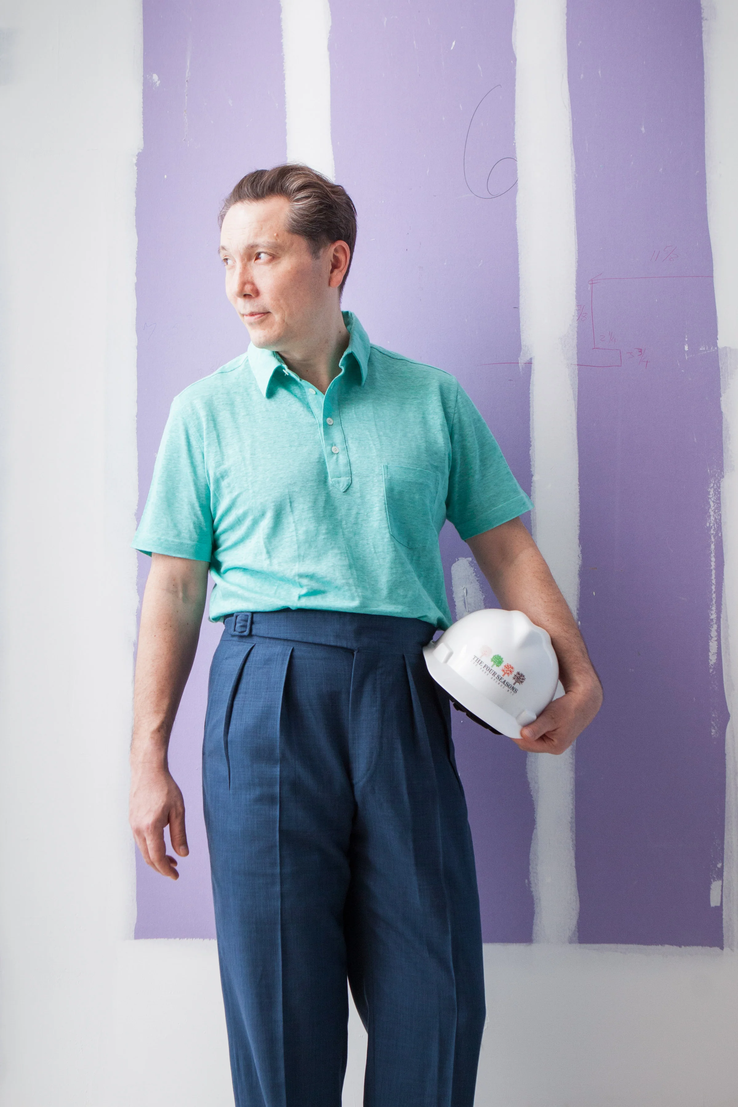 Conjuring the water-colored days of Sinatra’s Palm Springs – when dressing down was still expected to stir and captivate. 10z wool/silk/linen blend trousers with knitted linen polo. 