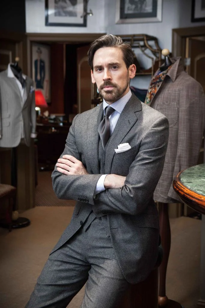Alan Flusser Custom Director Jonathan Sigmon models a classic lightweight flannel three-piece.