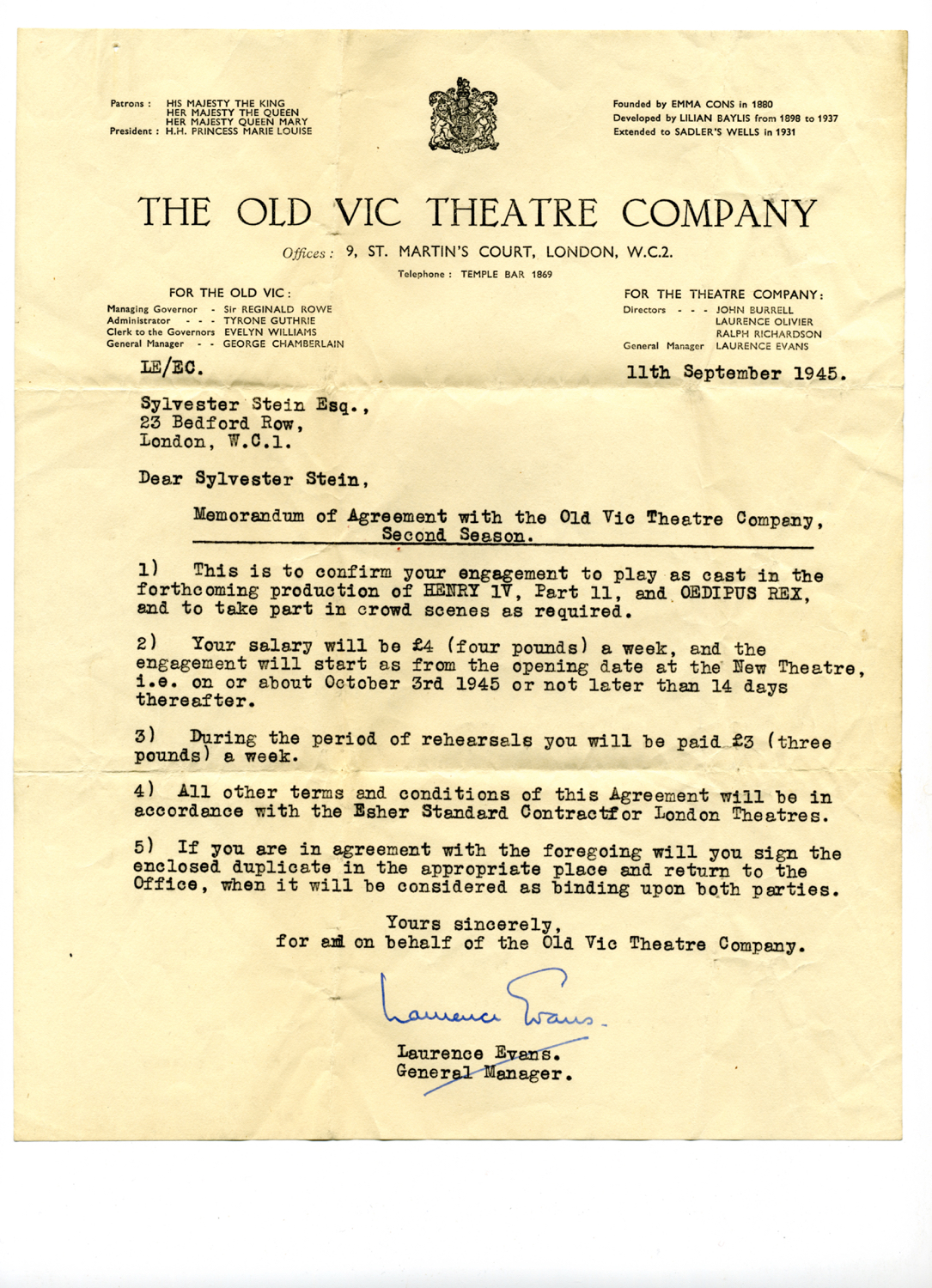 Letter offering employment at the Old Vic Theatre Company