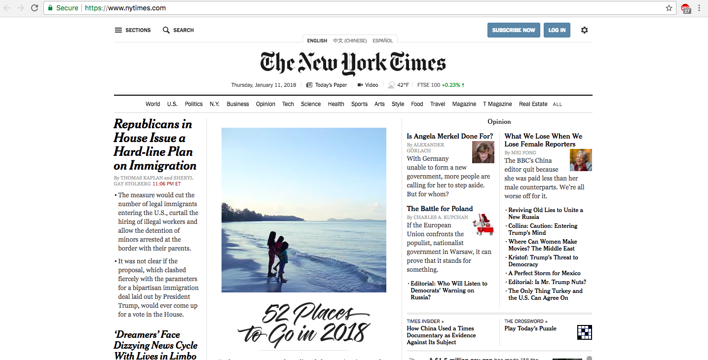 The NYTimes Homepage, displaying Alex' article