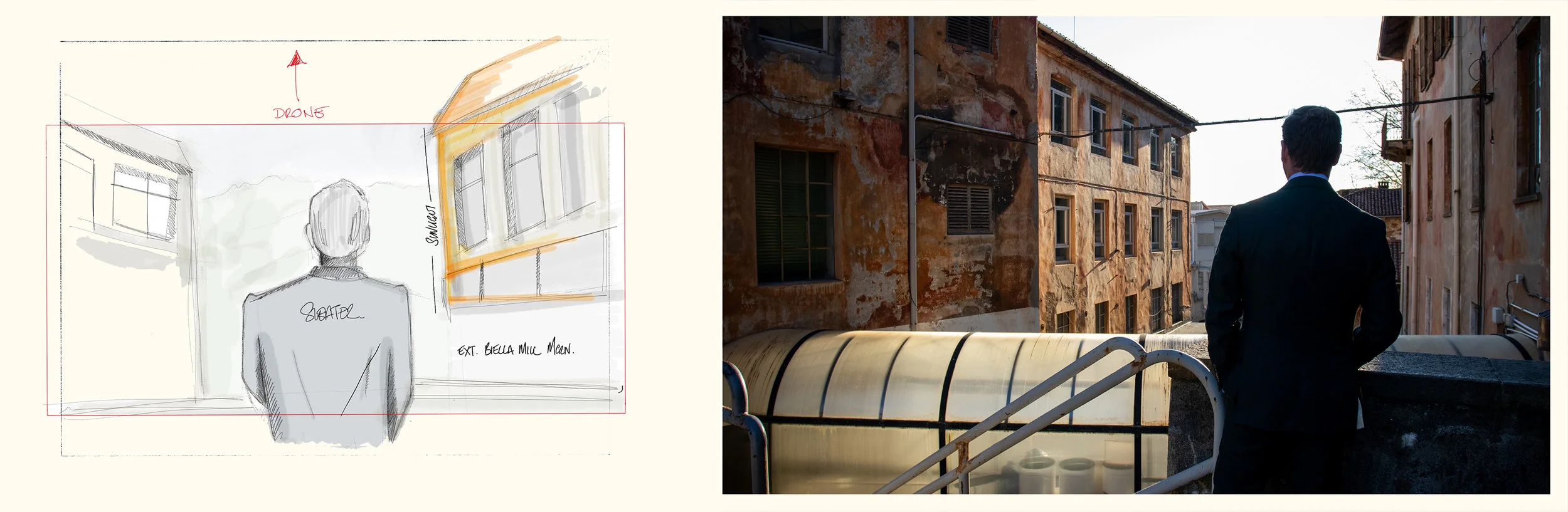 Left: Preliminary storyboarding based on first recce. Right: Final shot.
