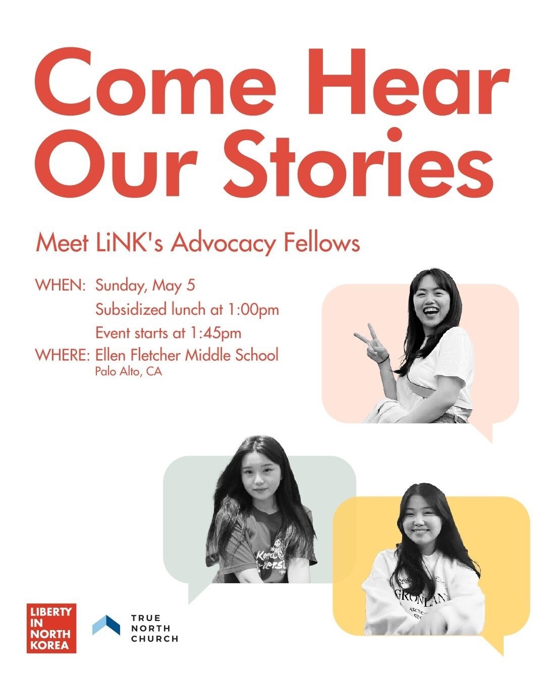 Hello TNC! This week&rsquo;s announcements:

- Our Local Missions Ministry will be hosting a LiNK Advocacy Fellows Panel on Sunday, 5/5. LiNK's advocacy fellows are three North Korean refugees turned storytellers, advocates, and change-makers. They a