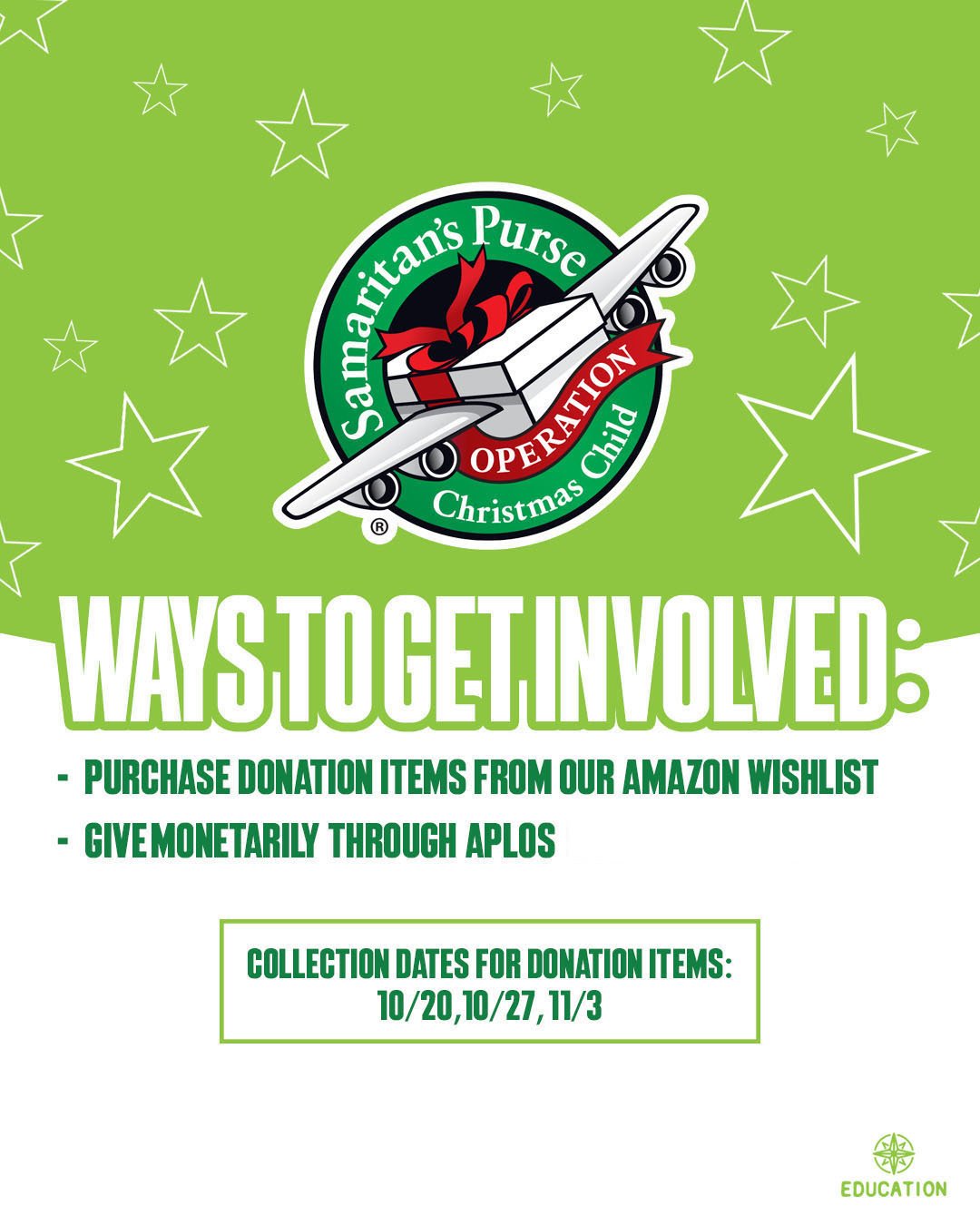 - Help us share God&rsquo;s love with children in remote areas by donating items for our gift-filled shoeboxes! Our Education Ministry students will be collecting donated items and packing the boxes. A collection box will be outside the auditorium at