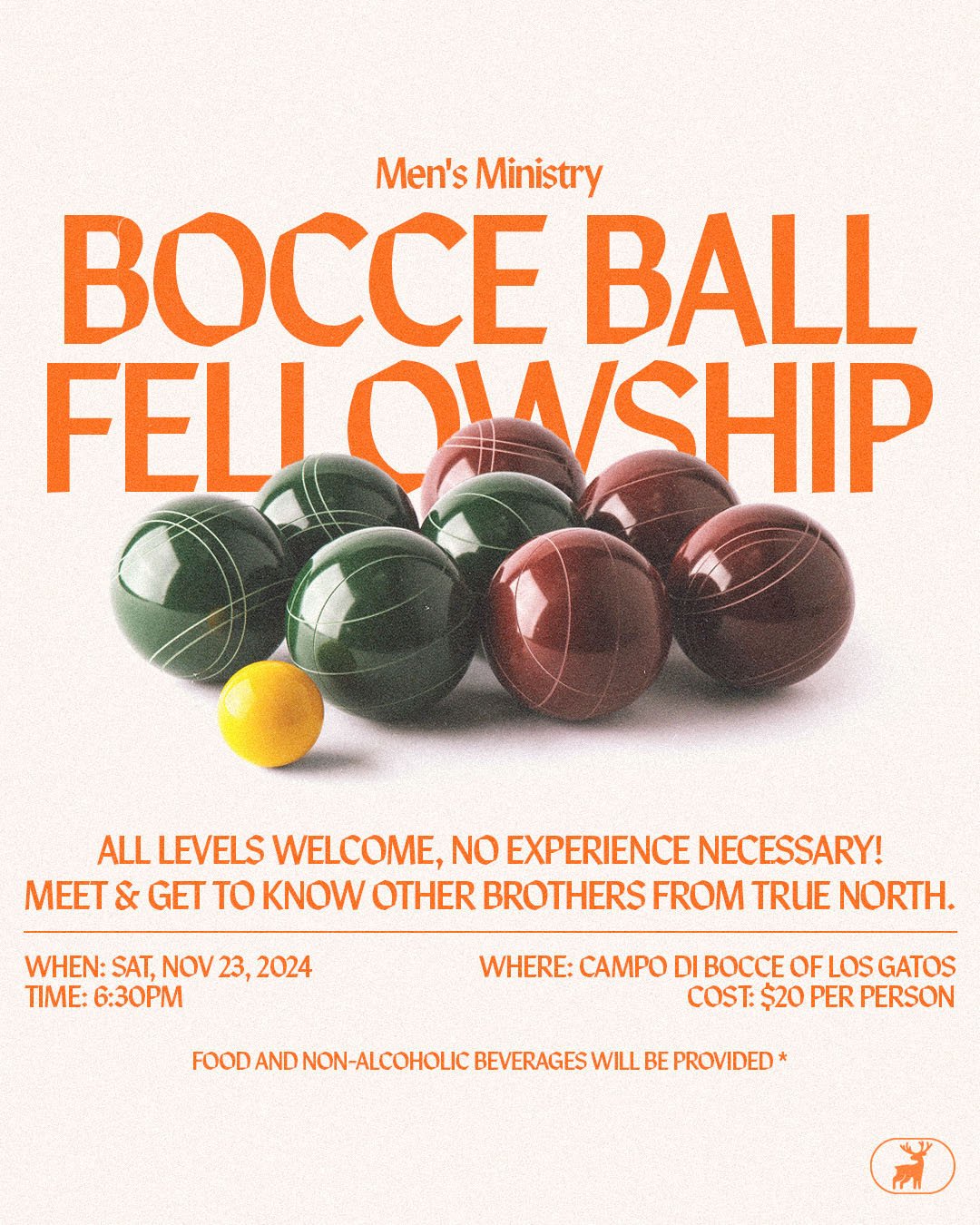 Hey TNC, announcements below!

- Our next Men's Ministry event is a bocce ball tournament on Saturday, November 23rd at 6:30 pm at Campo di Bocce of Los Gatos. No experience is required. Sign up online to RSVP!

- We will have our next quarterly memb