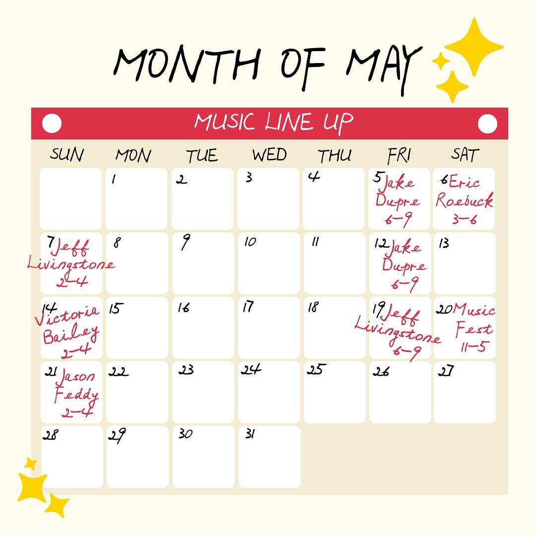 ✨Month of May live music line up + swipe for food line up!🌮🎶 mark your calendars, cheers!✨🍻