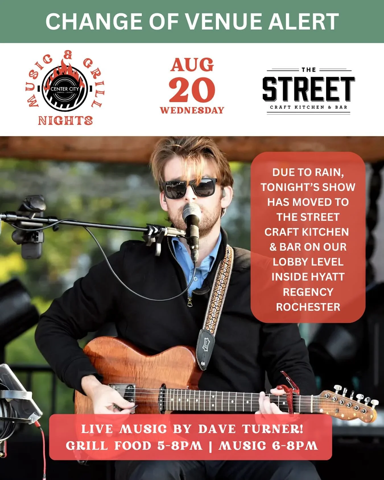 🌧️The rain won&rsquo;t stop us! 🎶 CHANGE OF VENUE for tonight&rsquo;s Music &amp; Grill event - JOIN US FOR LIVE MUSIC with @daveturnerlive and fun in @thestreetroc at Lobby level in the @hyattregencyrochester 🎤
.
.
.
#livemusic #roc #rochesterny 