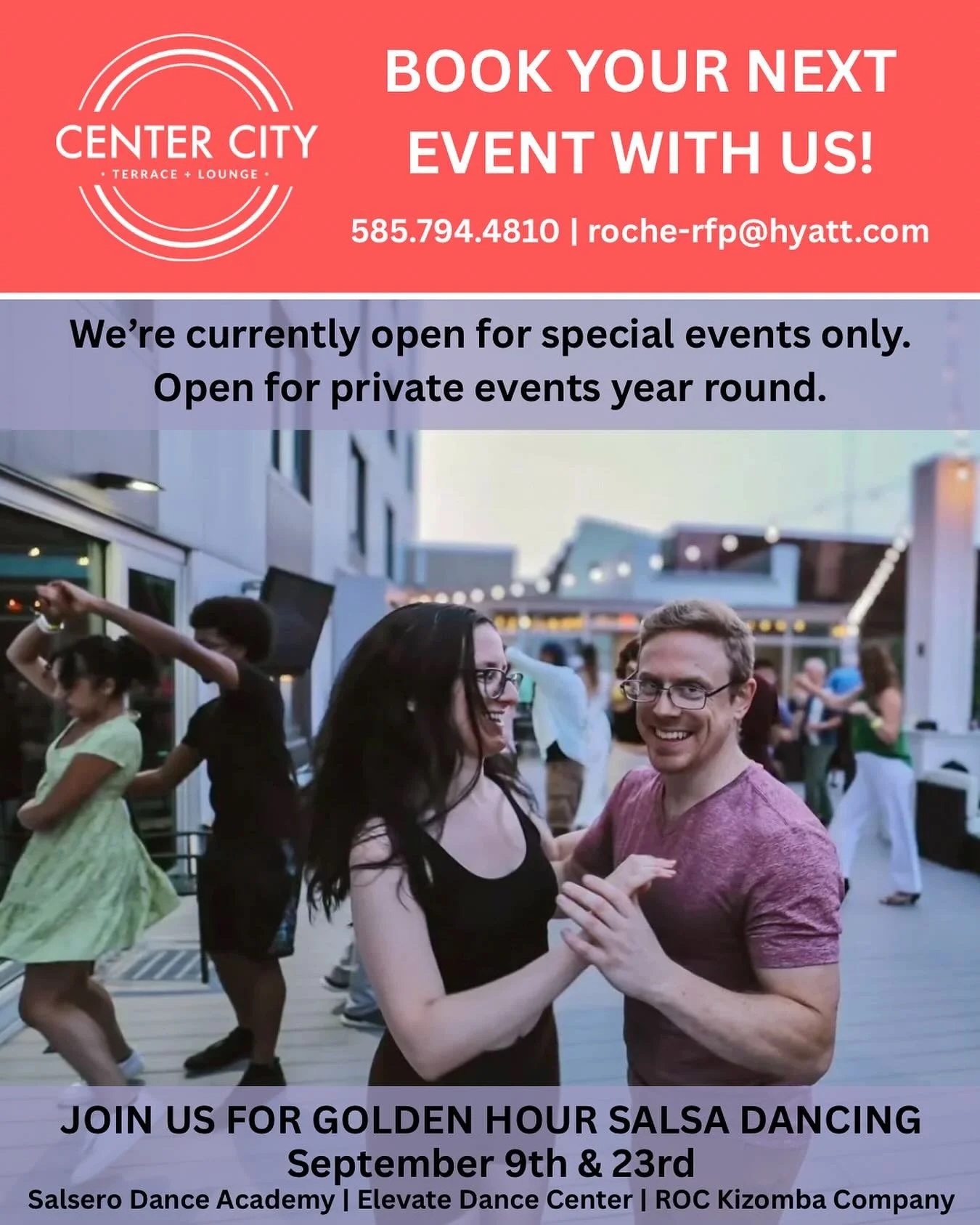 We&rsquo;re excited for our September events! Join us for Golden Hour Salsa Dancing with Salsero Dance Acedemy, Elevate Dance Center, and ROC Kizomba Company, on September 9th and 23rd. Stay tuned for other upcoming events or book your own!

We&rsquo