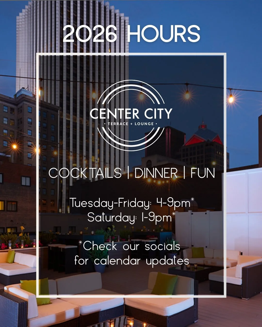 It&rsquo;s that time of year! Center City Terrace is open for the season. Join us Tuesday-Friday from 4-9pm and Saturdays from 1-9pm. Stay tuned to our socials for schedule updates and special events. Here are the current calendars for May and June. 