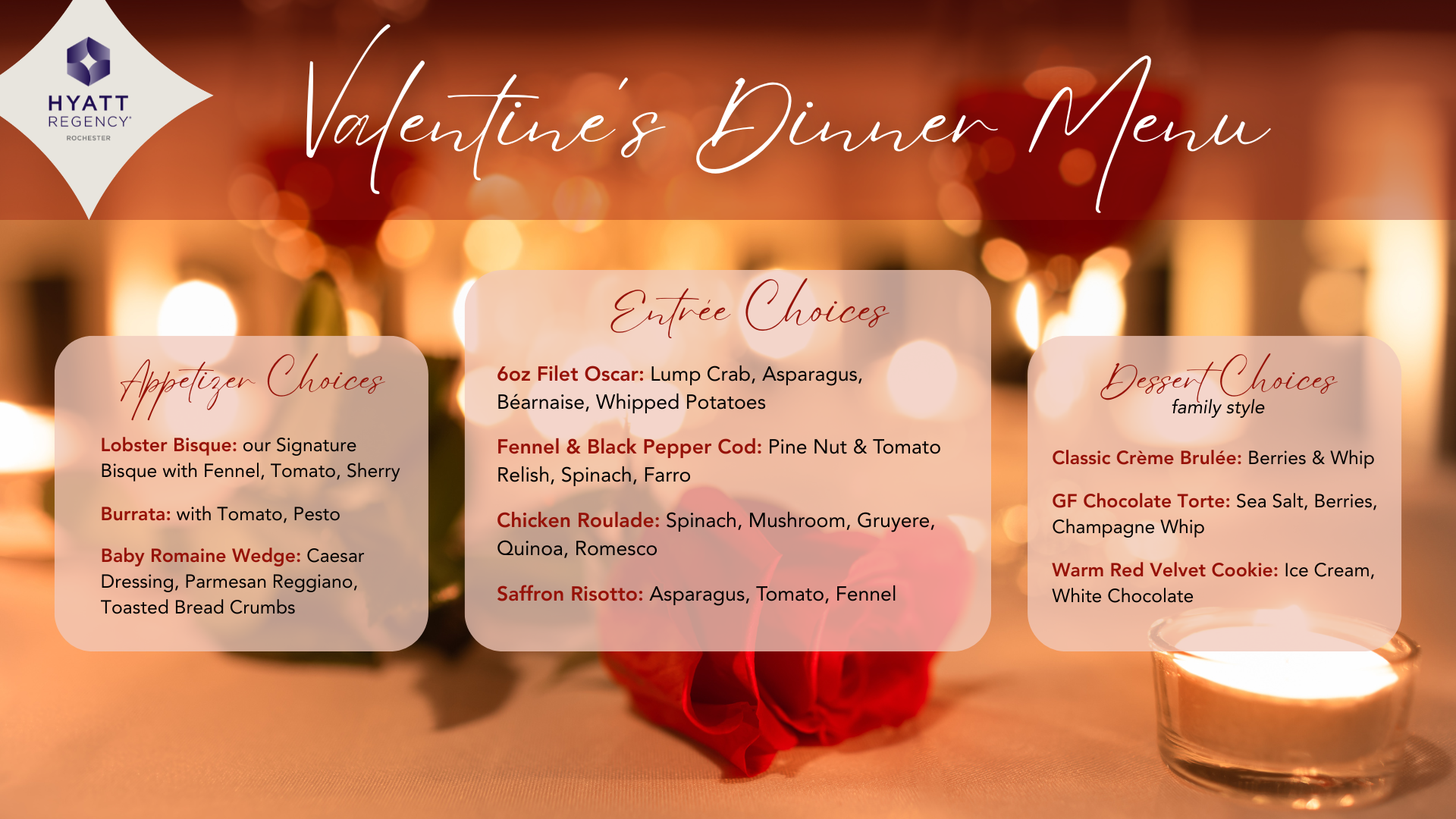 Hyatt Valentines Dinner graphic showing menu of appetizer, entree, and dessert choices.