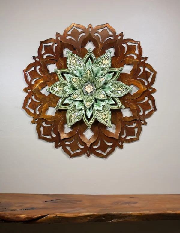 26" Brown Patina Steel with 16" Green Porcelain Flower