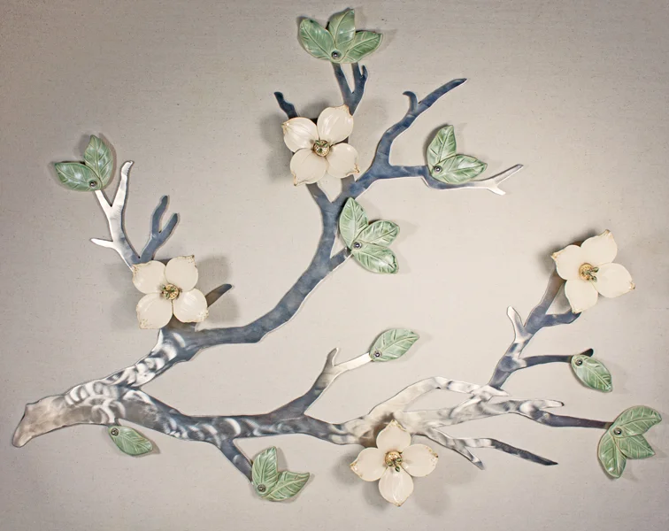 Custom Dogwood flowers with metal stamens on Silver Stainless 3'x2'