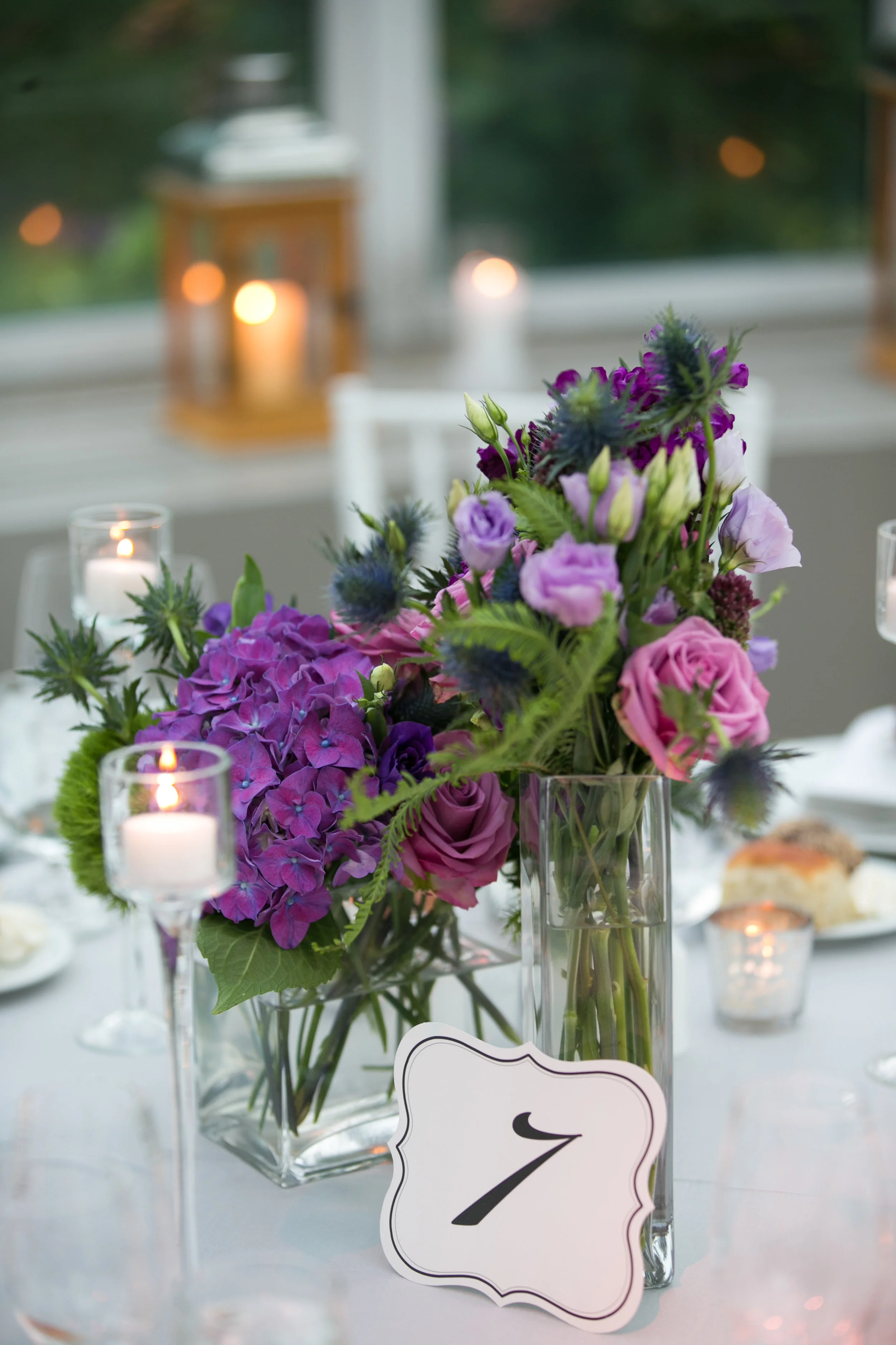 Purple hydrangea and lisianthus centerpiece