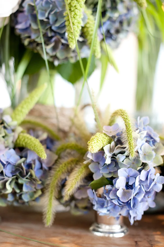 Blue hydrangea and silver julep cups