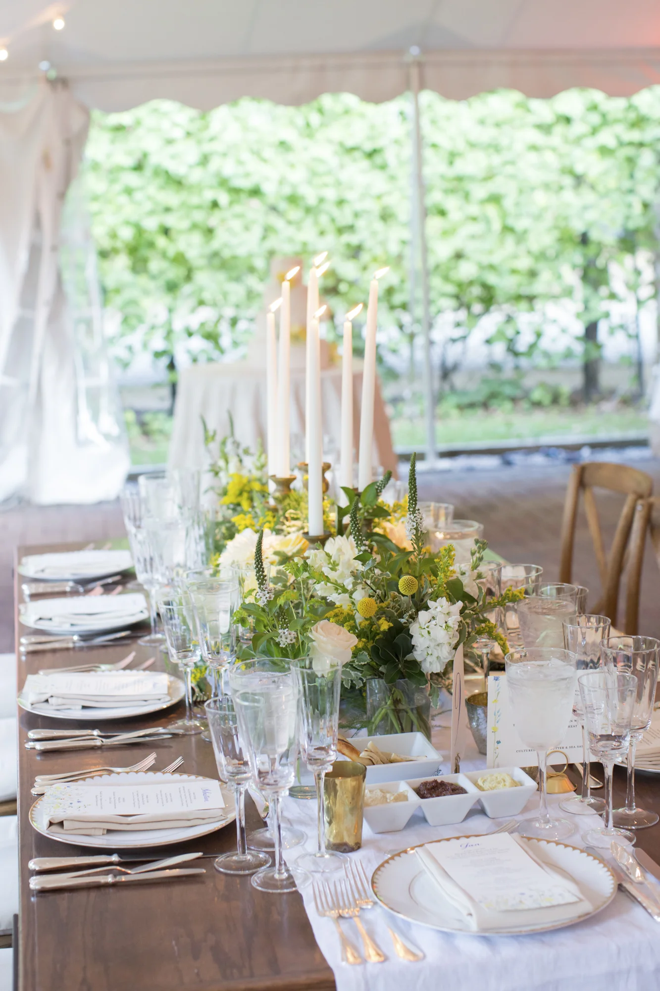 Farm table centerpiece and taper candles