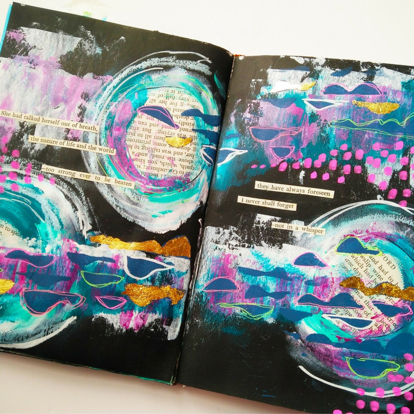 "Not in a Whisper" an abstract "moon" art journal page from @kareng using mixed media techniques including layering and gold leaf with gilding paste. Finishing off with a found poem of course because I just can't stop making them! #mixedmedia #artjournal