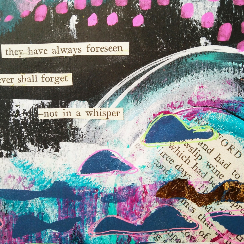 "Not in a Whisper" an abstract "moon" art journal page from @kareng using mixed media techniques including layering and gold leaf with gilding paste. Finishing off with a found poem of course because I just can't stop making them! #mixedmedia #artjournal