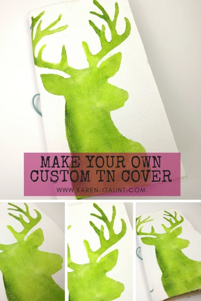 Make Your Own Custom Travellers Notebook Cover I'm sharing how I have made my custom cover for my Travellers Notebook Size Junk Journal for my December Daily for 2017. I am determined to complete December Daily this year! I'm working with Judit Pfaff Daley's new Deer with Antlers Stencil to create a a green watercolor effect on my canvas cover.