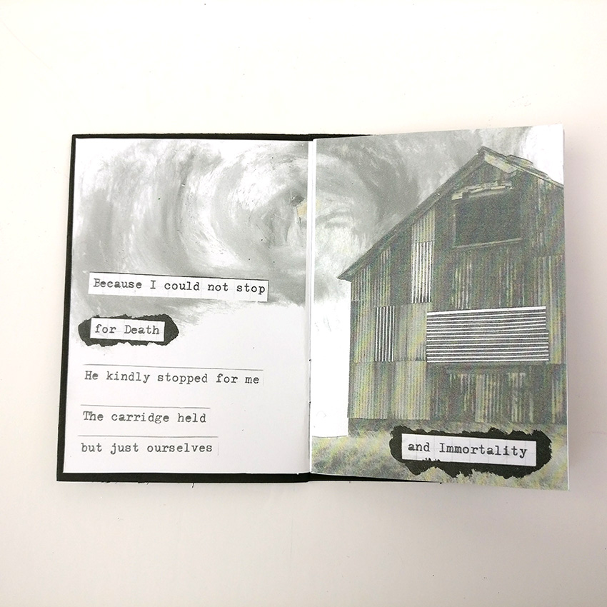  Come and take a peak behind the scenes as I make my mixed media art zine. The Zine I created this time around is based around the poem "Because I could not stop for Death" by Emily Dickinson. There are so many elements that went into making this Zin